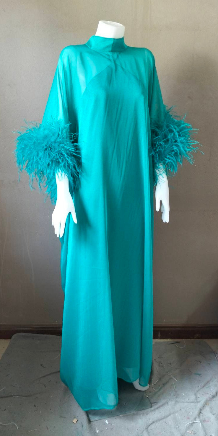MARAYA Yellow Kaftan Shift Evening Maxi Feather dress