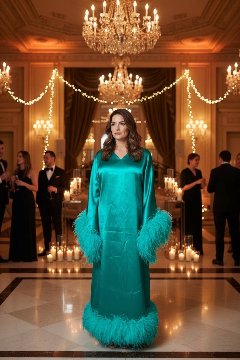 MARAYA Teal Green V-Neck Bell Sleeve Feather Maxi Dress
