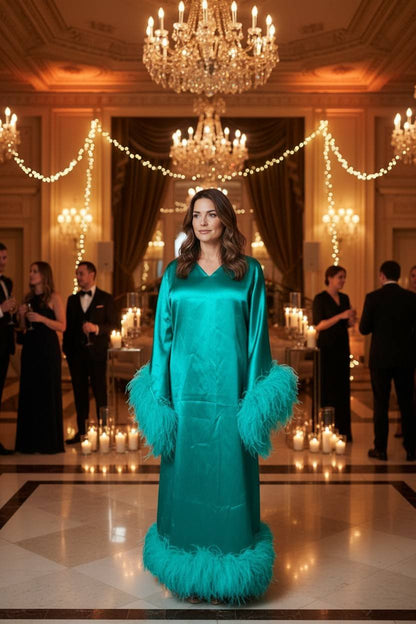 MARAYA Teal Green V-Neck Bell Sleeve Feather Maxi Dress