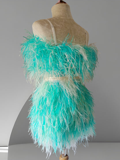 MARAYA Two Tone Mix colors Feather Mini dress