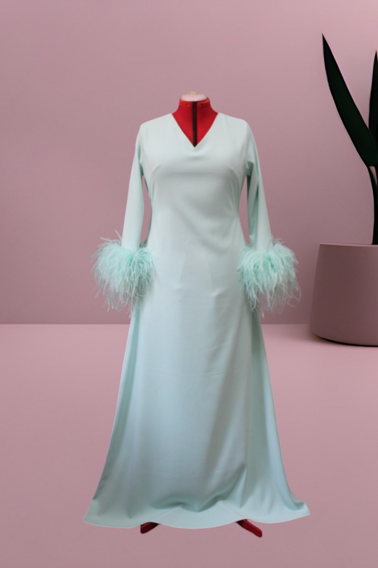 MARAYA V-Neck Feather Cuff A-Line Skirt Maxi Dress