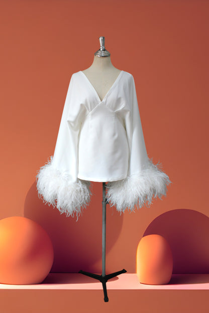 MARAYA White Deep V Neck Bell Sleeve Feather Mini Dress
