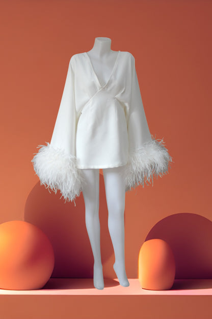 MARAYA White Deep V Neck Bell Sleeve Feather Mini Dress