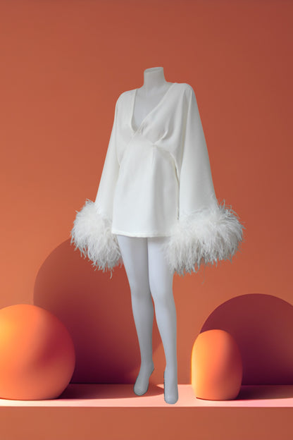 MARAYA White Deep V Neck Bell Sleeve Feather Mini Dress