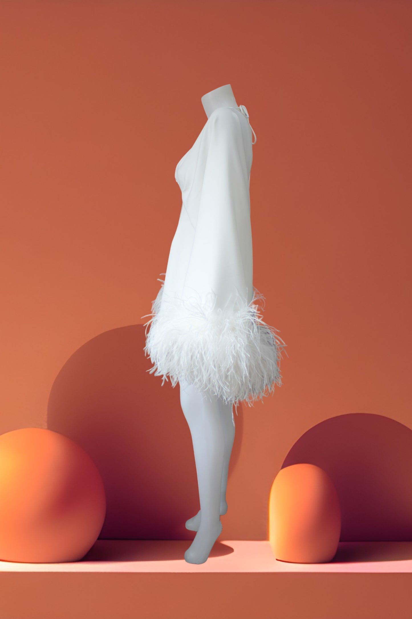 MARAYA White Deep V Neck Bell Sleeve Feather Mini Dress