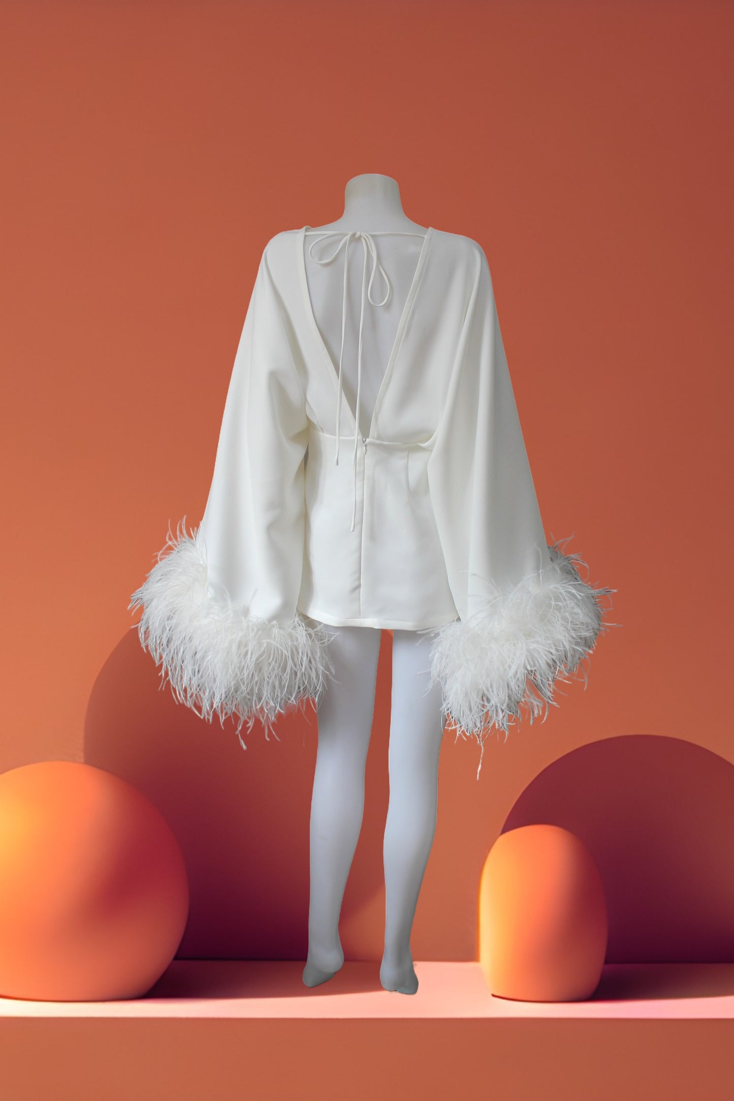 MARAYA White Deep V Neck Bell Sleeve Feather Mini Dress