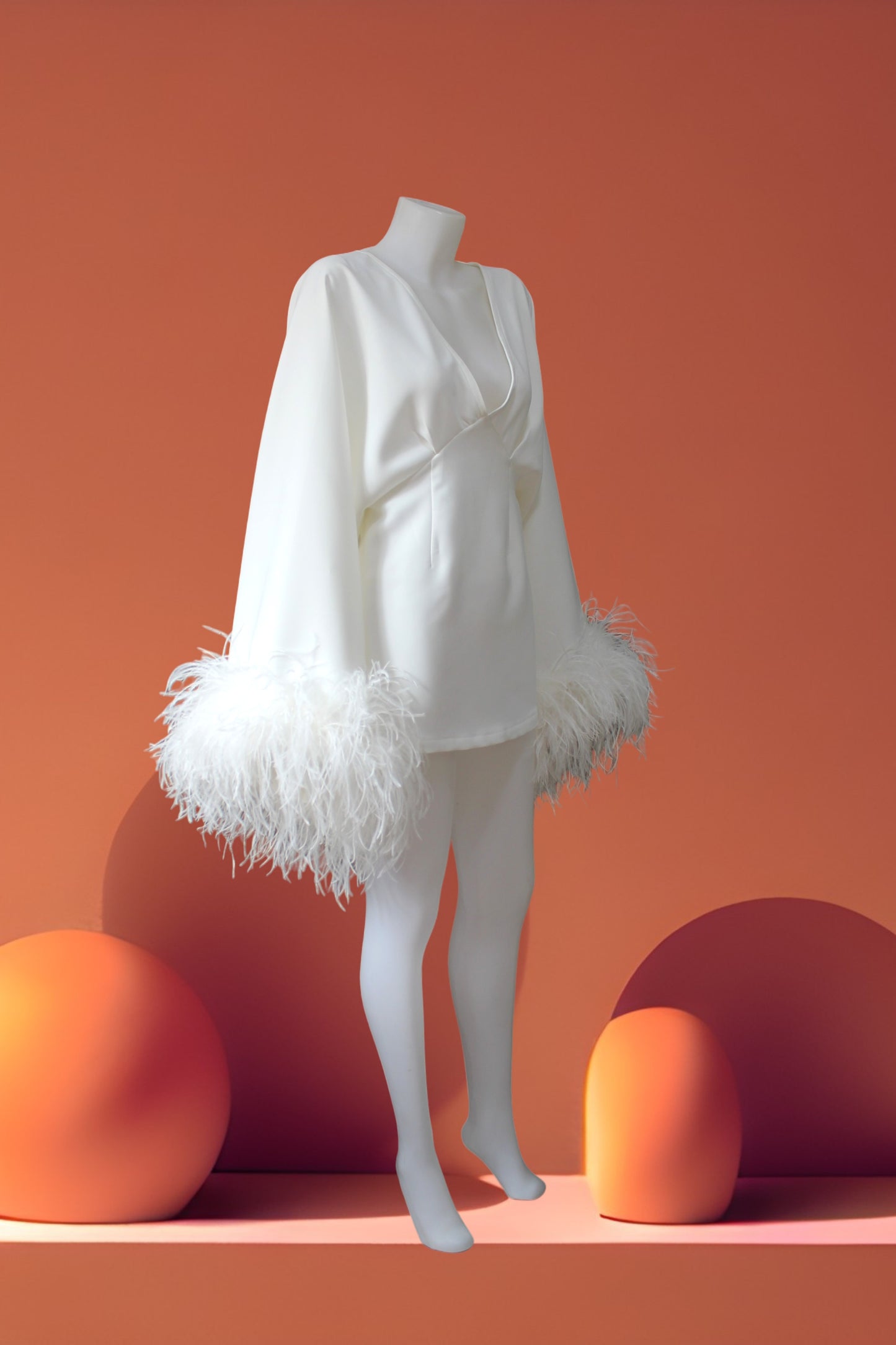 MARAYA White Deep V Neck Bell Sleeve Feather Mini Dress