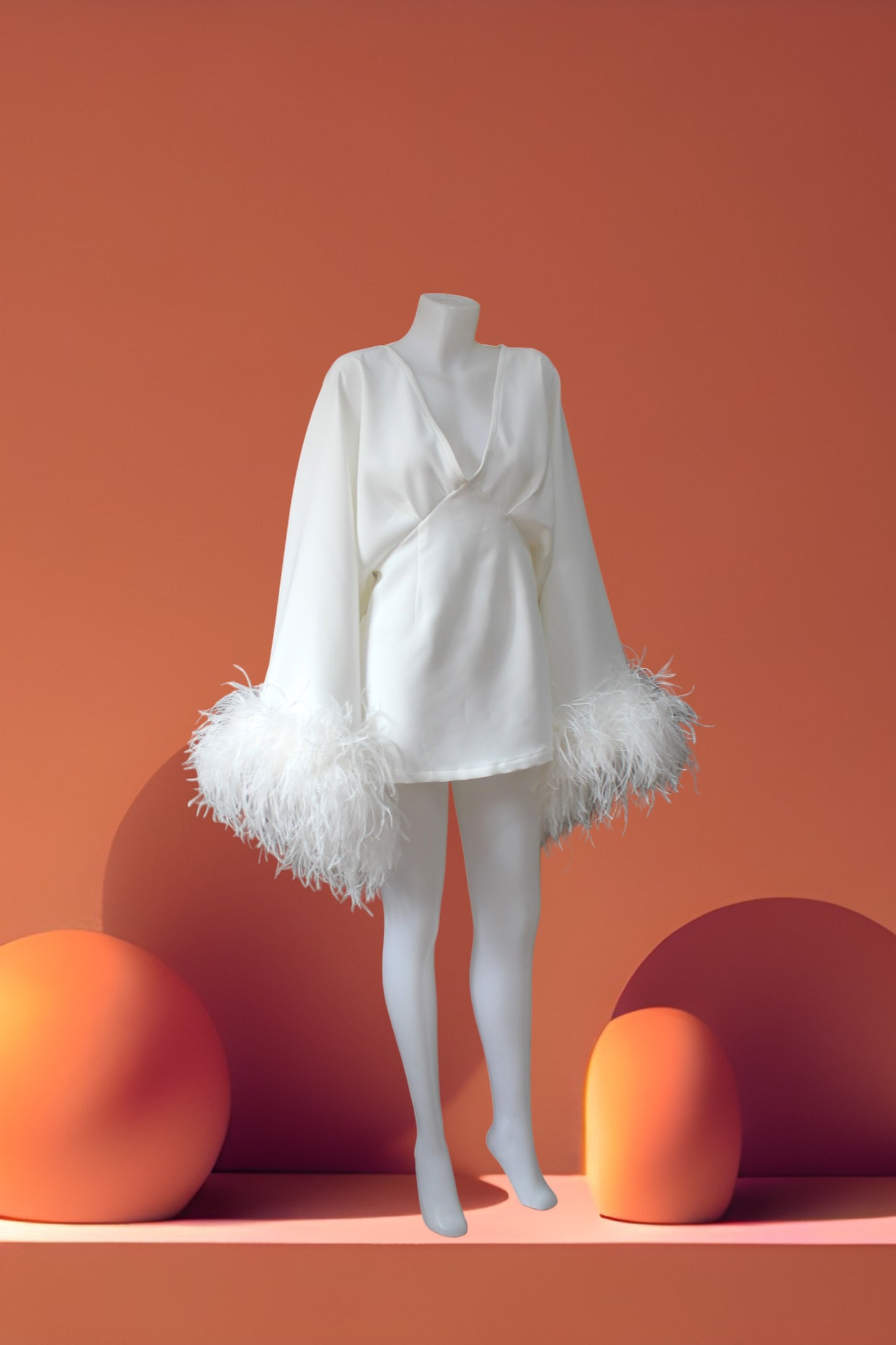 MARAYA White Deep V Neck Bell Sleeve Feather Mini Dress