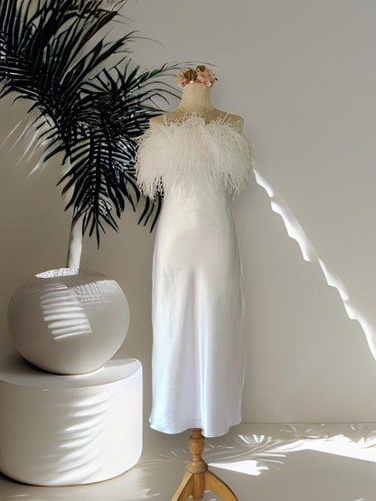 MARAYA White Feather Nightgown Sleeper Satin Midi Slip dress, Wedding Dress