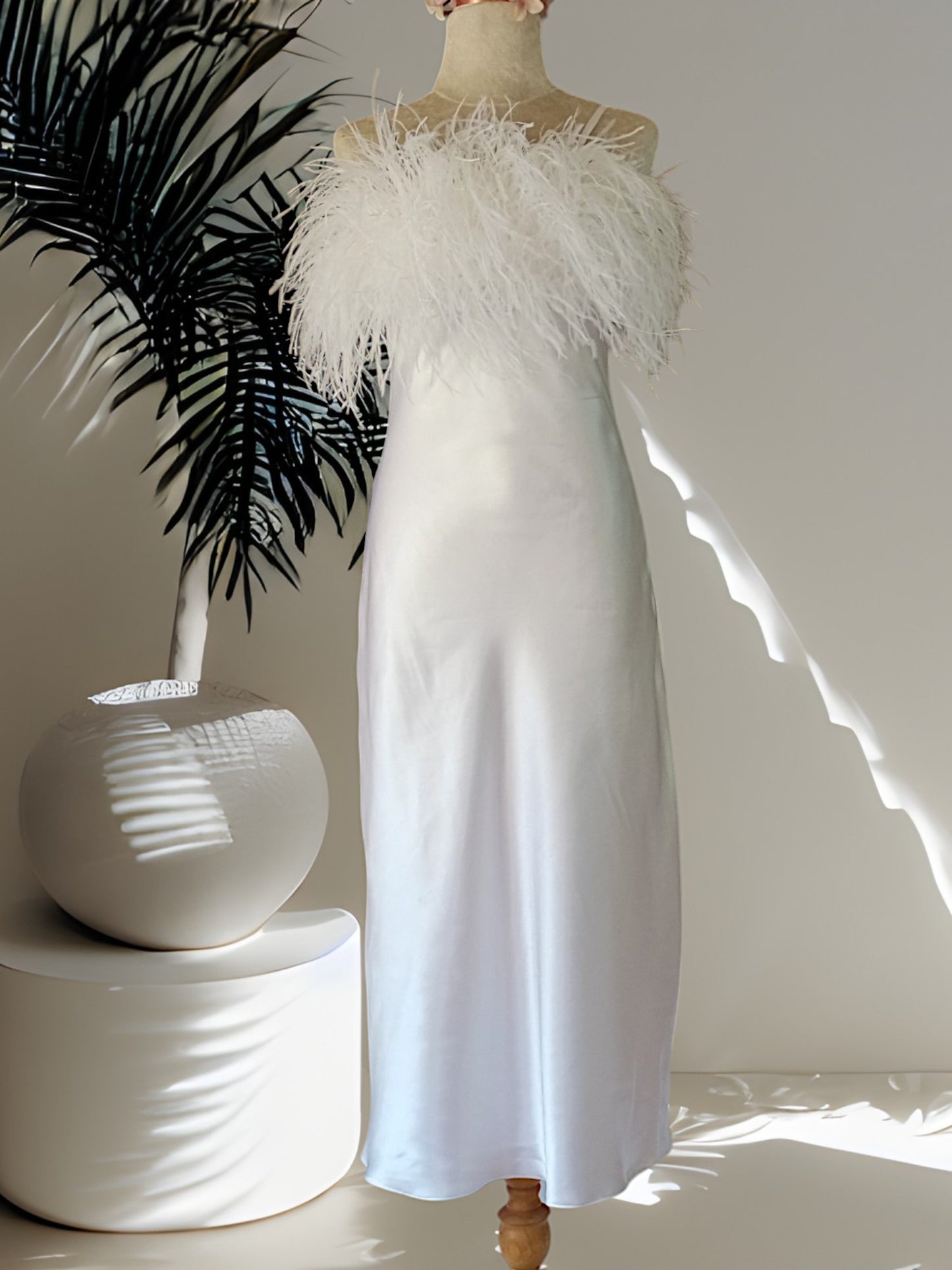 MARAYA White Feather Nightgown Sleeper Satin Midi Slip dress, Wedding Dress