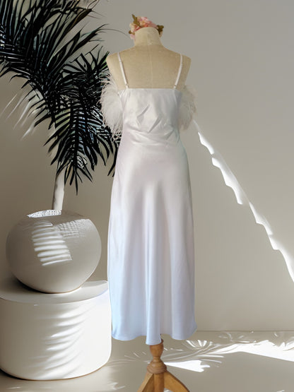 MARAYA White Feather Nightgown Sleeper Satin Midi Slip dress, Wedding Dress