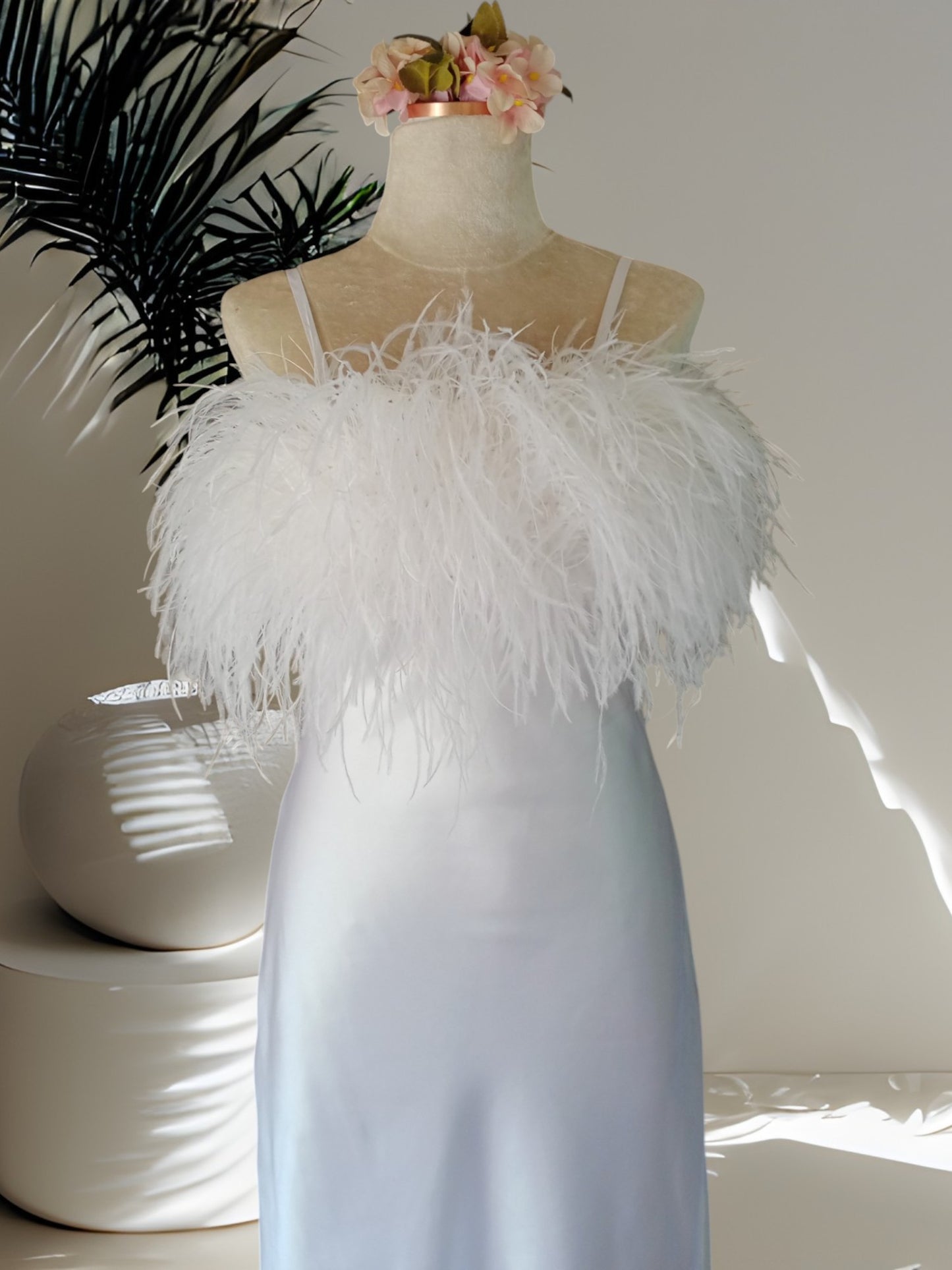 MARAYA White Feather Nightgown Sleeper Satin Midi Slip dress, Wedding Dress