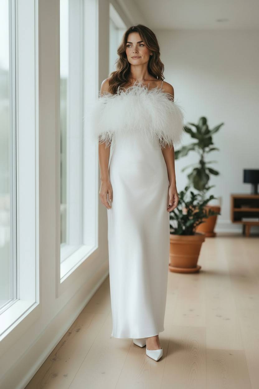 MARAYA White Feather Nightgown Sleeper Satin Midi Slip dress, Wedding Dress