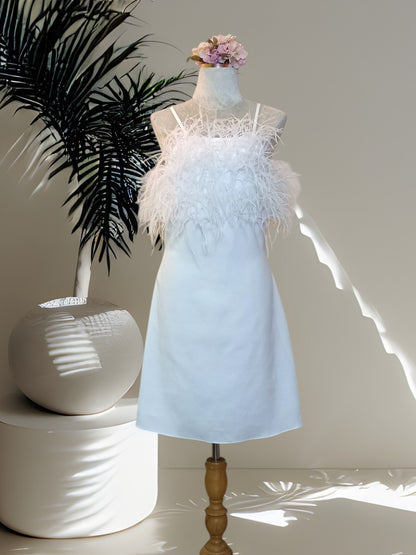 MARAYA White Feather Nightgown Sleeper Satin Mini Slip dress, Wedding Dress (Feathers Front the Bust Only)