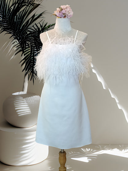 MARAYA White Feather Nightgown Sleeper Satin Mini Slip dress, Wedding Dress (Feathers Front the Bust Only)