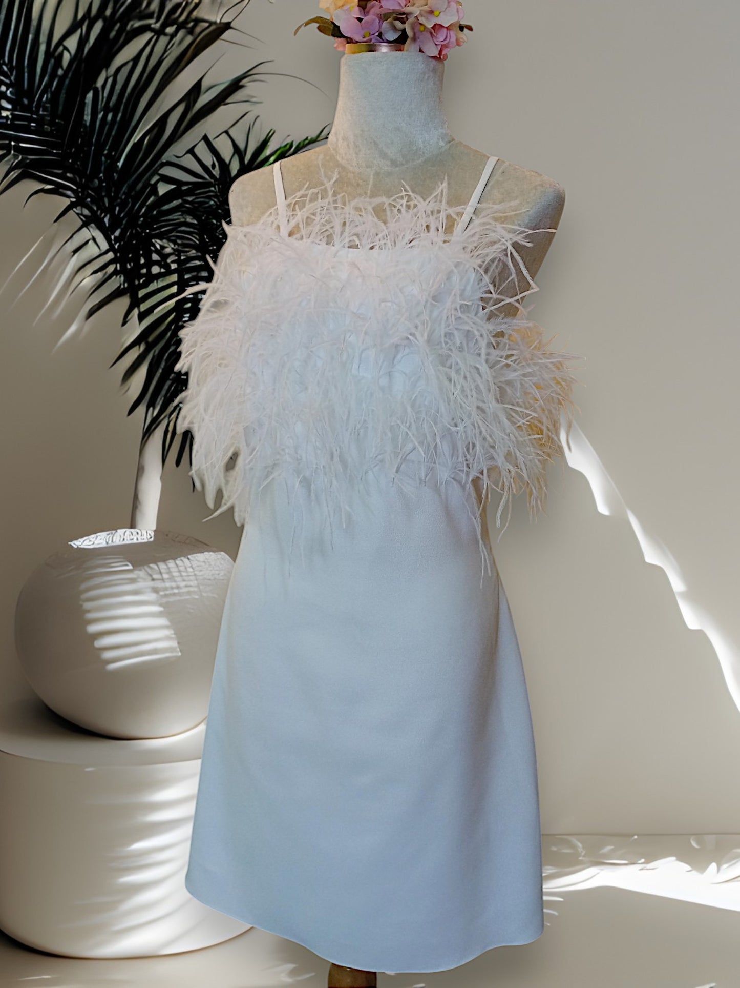 MARAYA White Feather Nightgown Sleeper Satin Mini Slip dress, Wedding Dress (Feathers Front the Bust Only)
