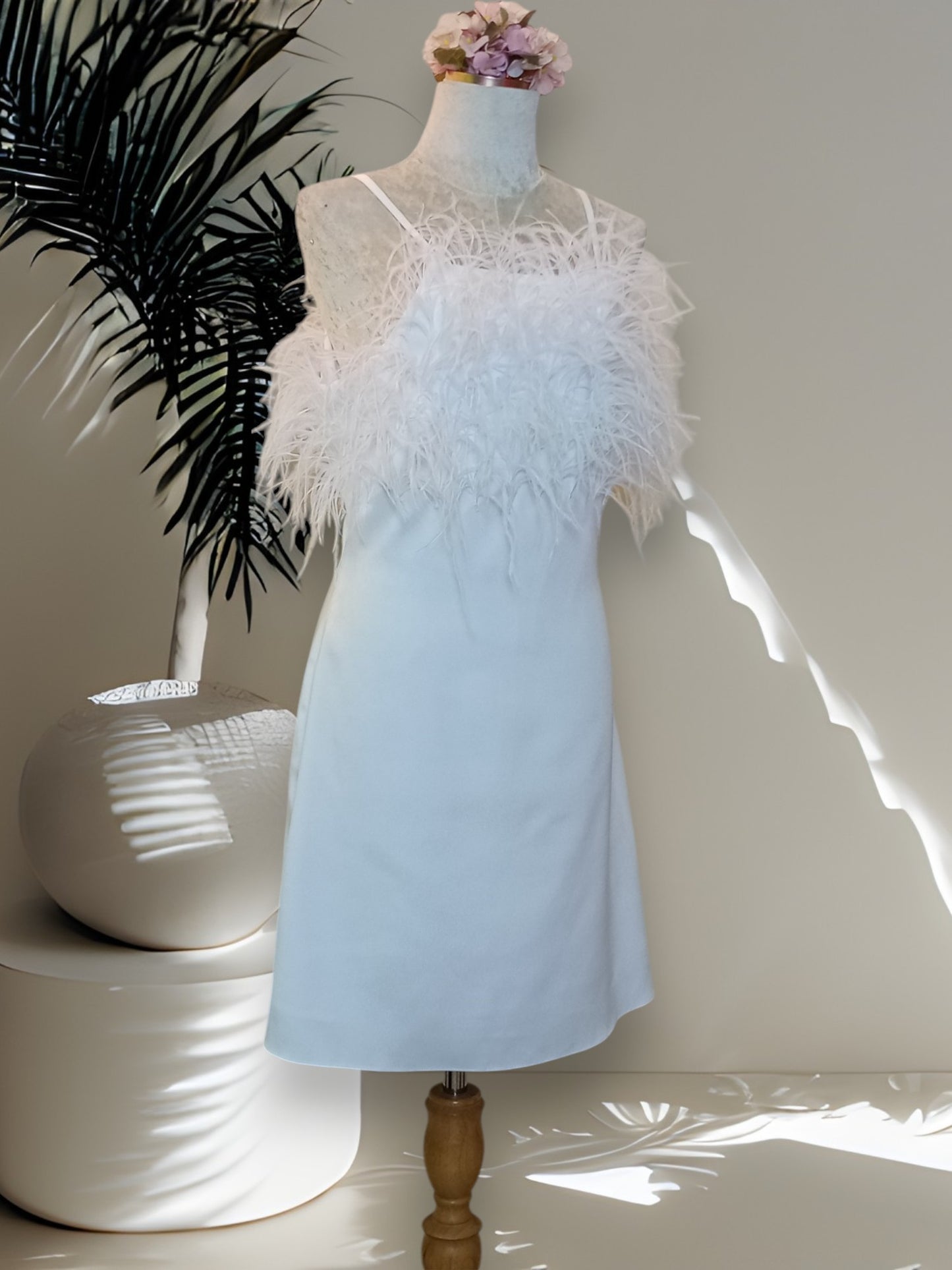 MARAYA White Feather Nightgown Sleeper Satin Mini Slip dress, Wedding Dress (Feathers Front the Bust Only)