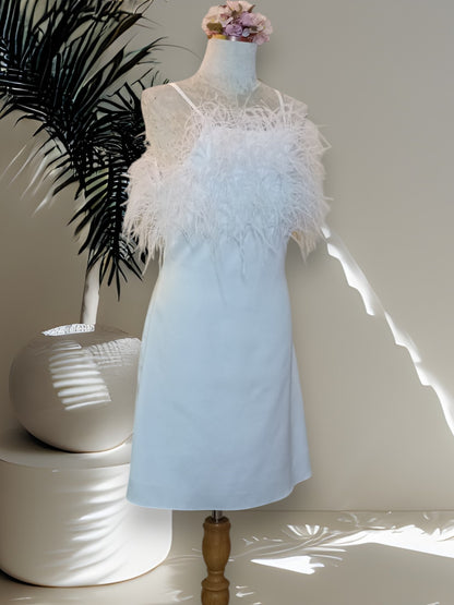 MARAYA White Feather Nightgown Sleeper Satin Mini Slip dress, Wedding Dress (Feathers Front the Bust Only)
