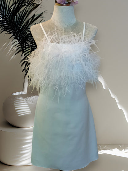 MARAYA White Feather Nightgown Sleeper Satin Mini Slip dress, Wedding Dress (Feathers Front the Bust Only)