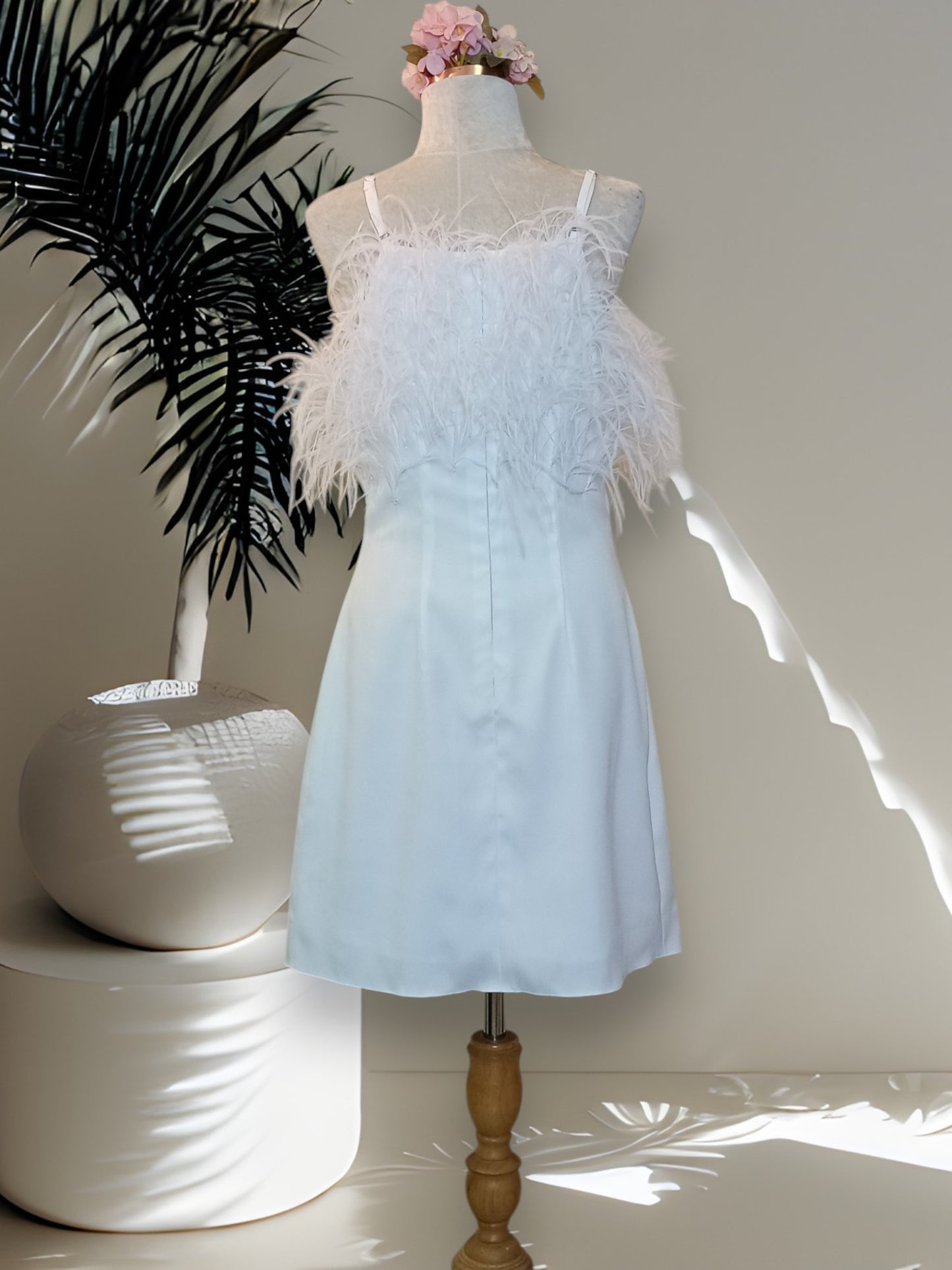 MARAYA White Feather Nightgown Sleeper Satin Mini Slip dress, Wedding Dress (Feathers around the Bust)