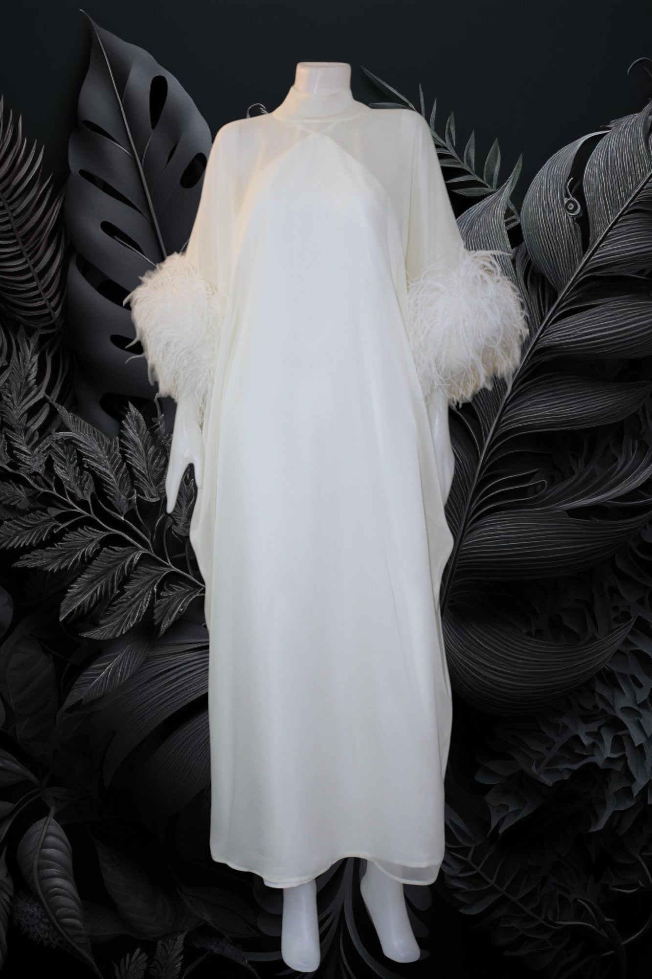 MARAYA White Kaftan Shift Evening Maxi Feather dress