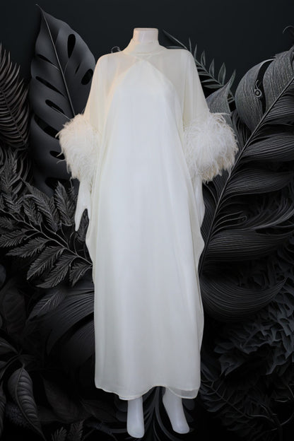 MARAYA White Kaftan Shift Evening Maxi Feather dress