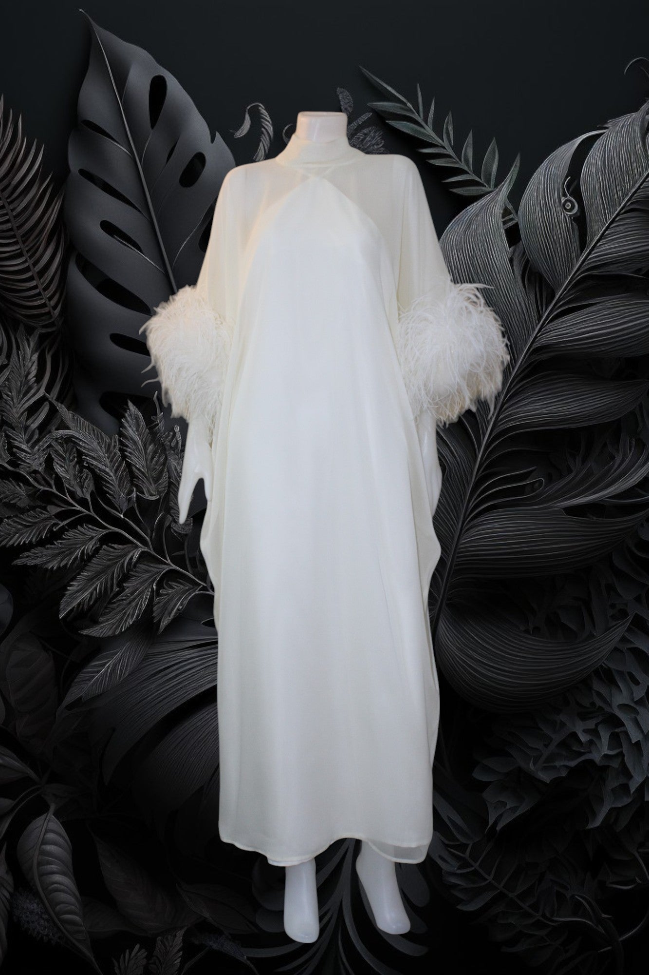 MARAYA White Kaftan Shift Evening Maxi Feather dress