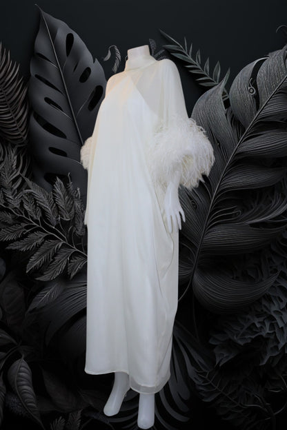 MARAYA White Kaftan Shift Evening Maxi Feather dress