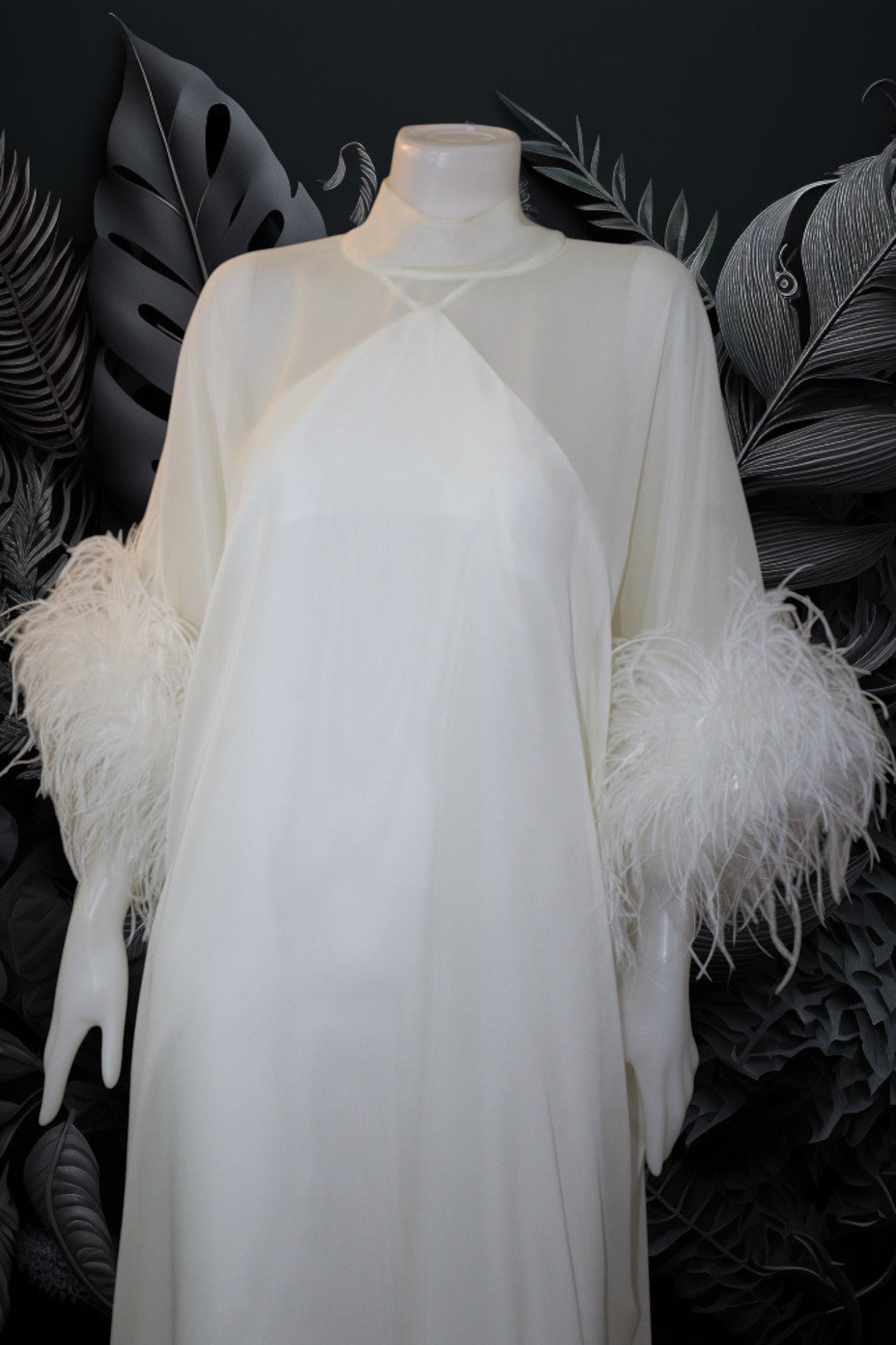 MARAYA White Kaftan Shift Evening Maxi Feather dress