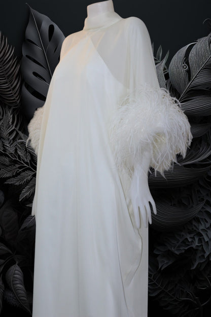 MARAYA White Kaftan Shift Evening Maxi Feather dress
