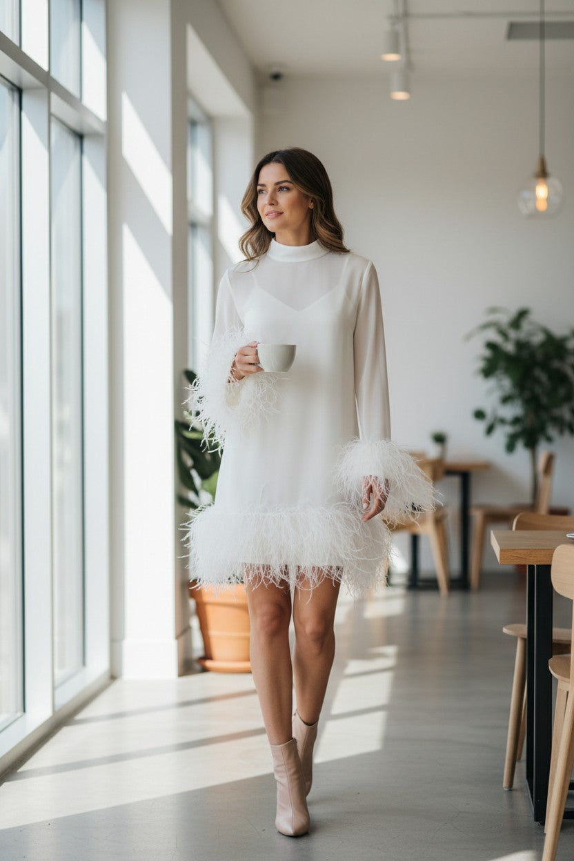 MARAYA White Long Sleeve mini dress