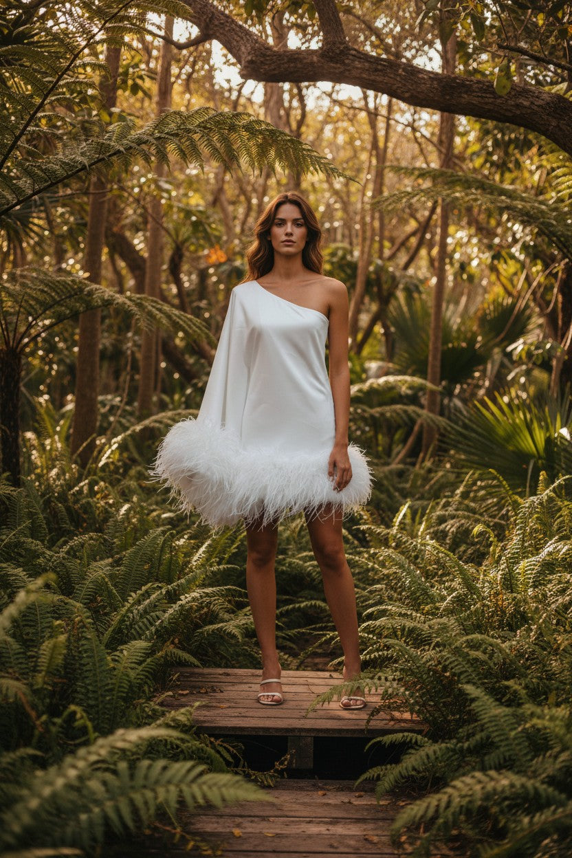 one shoulder feather dress white Bella and Bloom Boutique