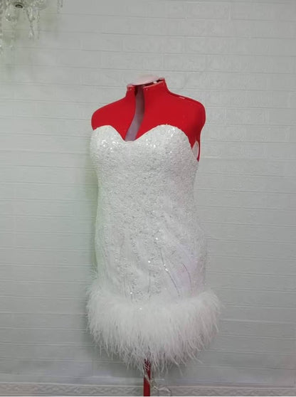 MARAYA White Sequin Strapless Mini Feather dress Wedding Dress