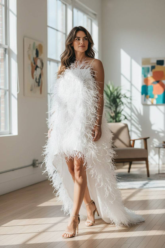 MARAYA White Sleeveless Cocktail Mini & Maxi Feather Dress (The feathers are sewn by hand!!)