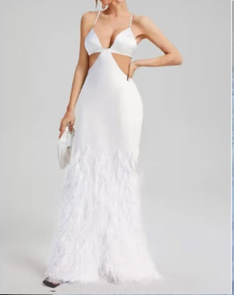 White Spaghetti Strap dress decorated with feathers, mermaid style. white wedding dress, long white mermaid skirt, prom dress, Bridal size 10-14