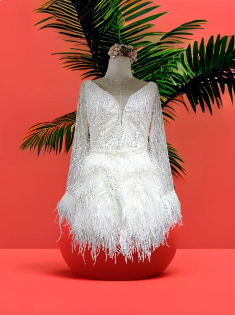 MARAYA White rhinestone Long Sleeve Mini Feather dress, Wedding Dress