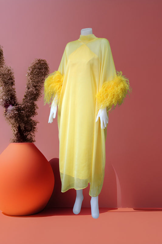 MARAYA Yellow Kaftan Shift Evening Maxi Feather dress