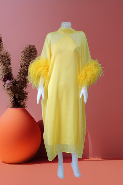 MARAYA Yellow Kaftan Shift Evening Maxi Feather dress