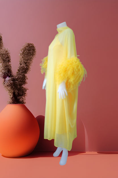 MARAYA Yellow Kaftan Shift Evening Maxi Feather dress