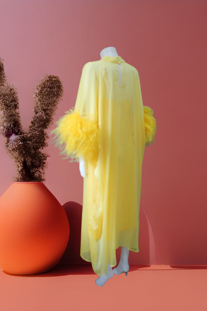 MARAYA Yellow Kaftan Shift Evening Maxi Feather dress