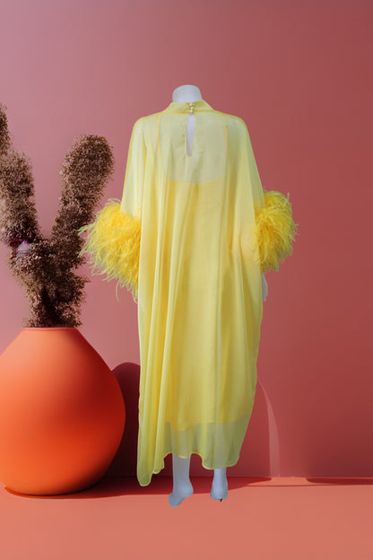 MARAYA Yellow Kaftan Shift Evening Maxi Feather dress