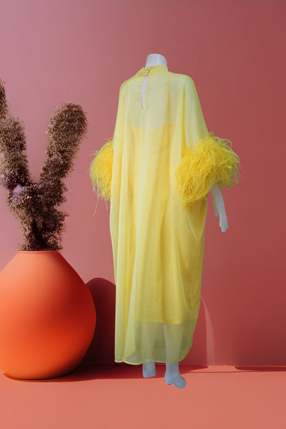 MARAYA Yellow Kaftan Shift Evening Maxi Feather dress