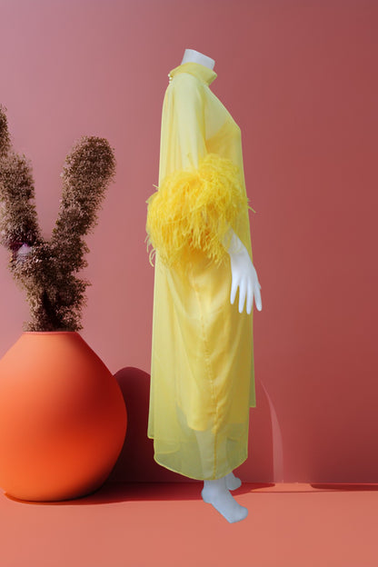 MARAYA Yellow Kaftan Shift Evening Maxi Feather dress