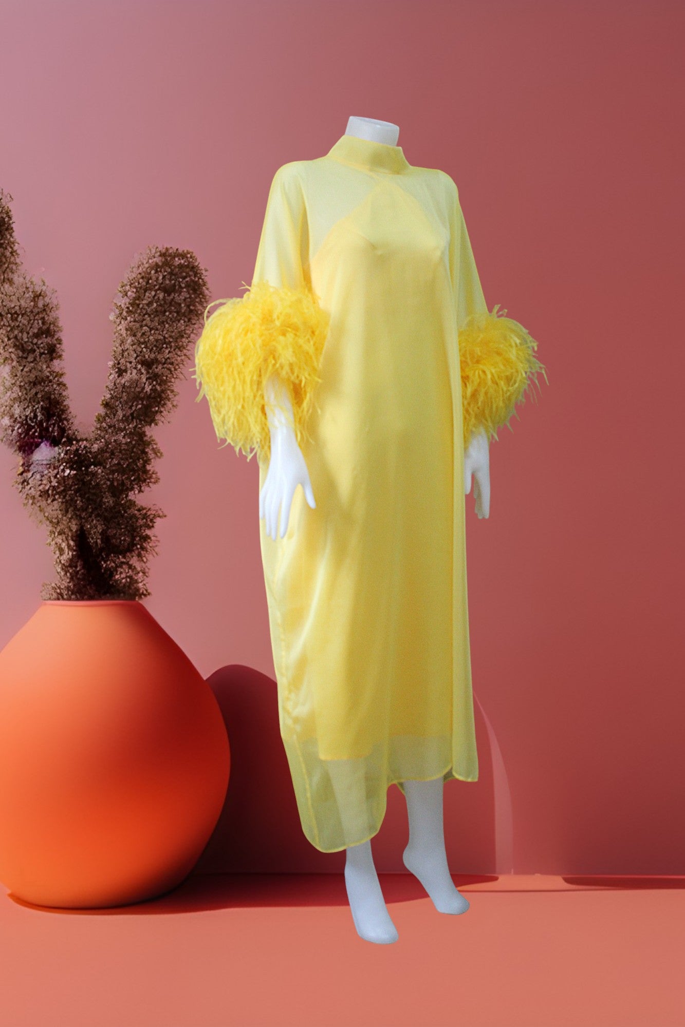 MARAYA Yellow Kaftan Shift Evening Maxi Feather dress