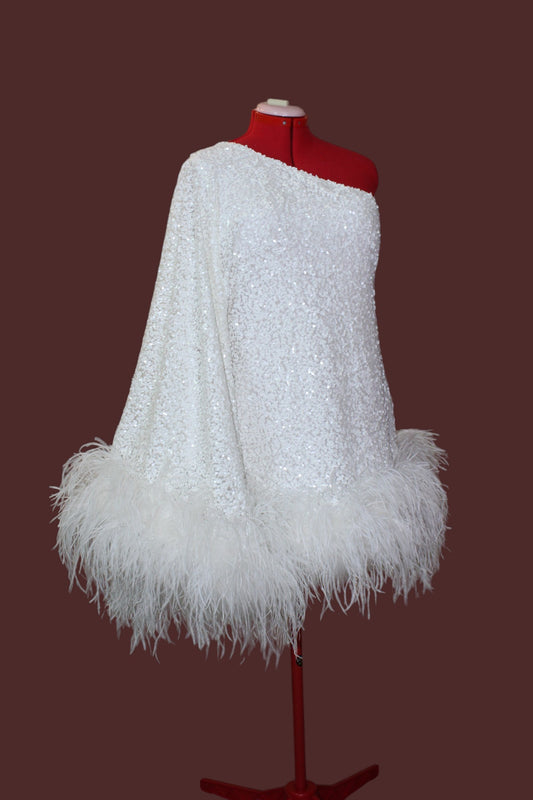 MARAYA White Sequin One-Shoulder Mini Feather Dress