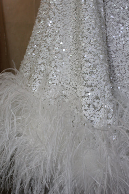 MARAYA White Sequin One-Shoulder Mini Feather Dress