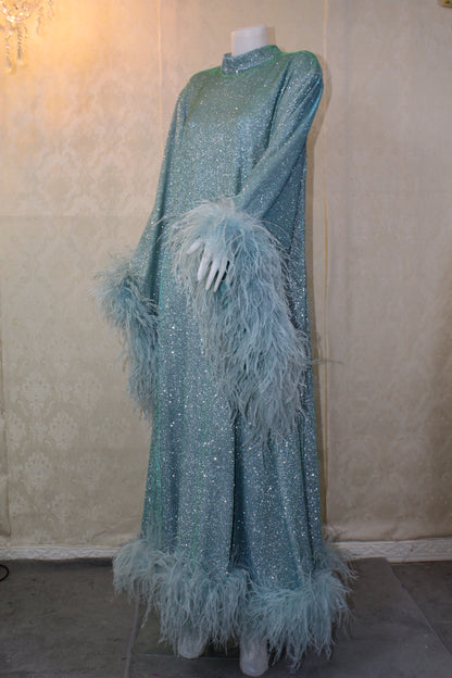 MARAYA Metallic Sparkle Bell Sleeve Feather Maxi Dress (Size 0 US. - 8 US.)