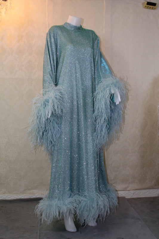 MARAYA Metallic Sparkle Bell Sleeve Feather Maxi Dress (Size 0 US. - 8 US.)