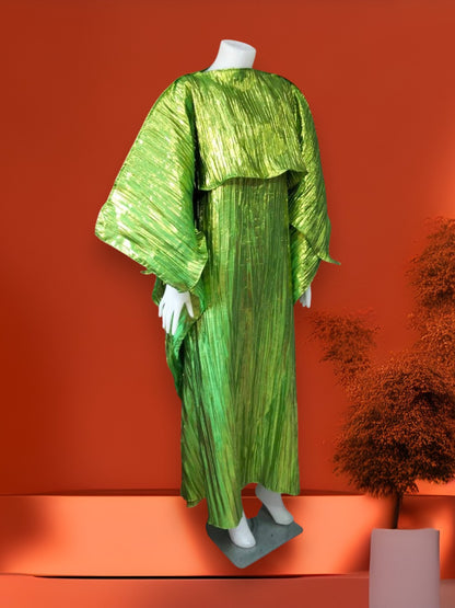 Metallic Green Plisse Kaftan Dress with Cape, Shiny Pleated Maxi Gown, Lime Green Chartreuse Goddess Dress, Statement Evening Party Wear