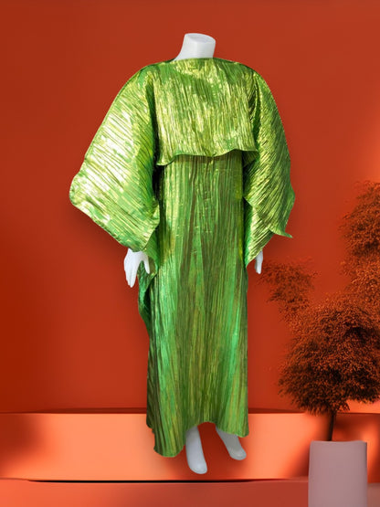 Metallic Green Plisse Kaftan Dress with Cape, Shiny Pleated Maxi Gown, Lime Green Chartreuse Goddess Dress, Statement Evening Party Wear